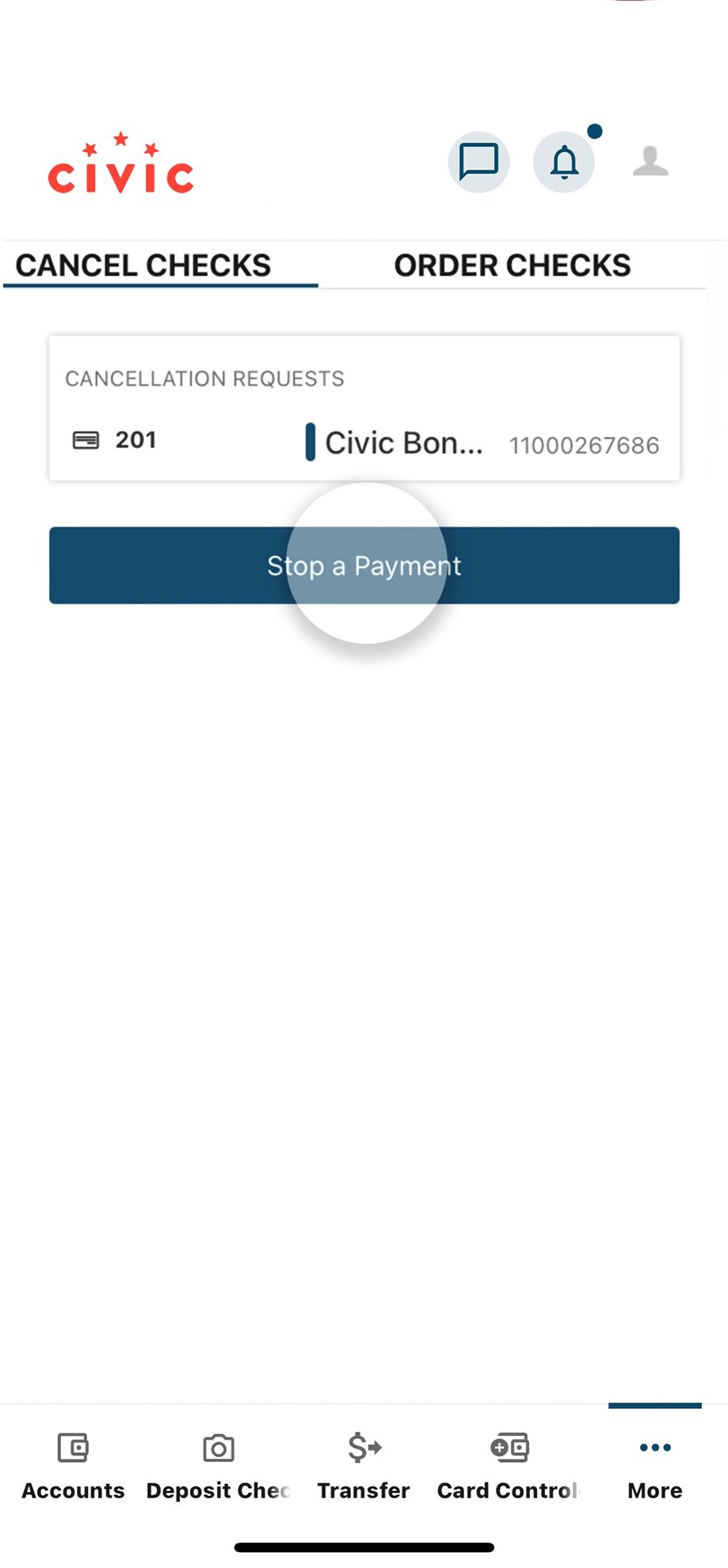 Civic app screen that highlights tapping Stop a payment button. 