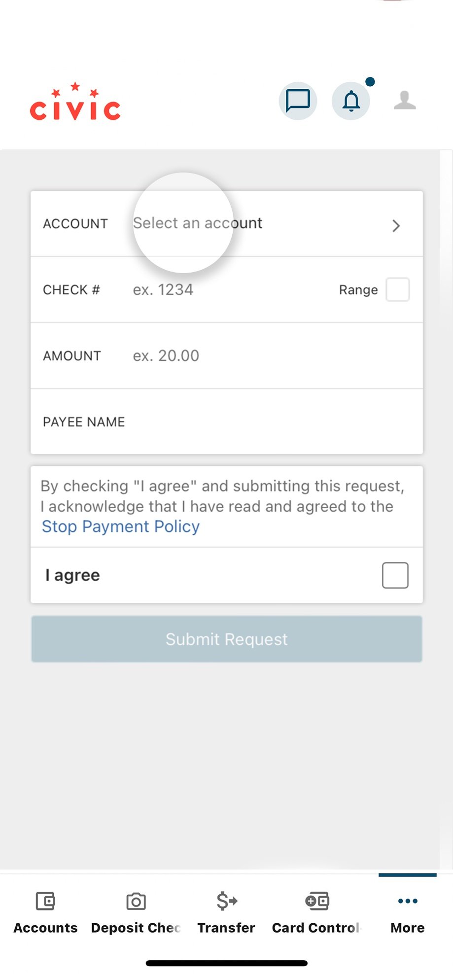 Civic app screen that highlights the selection of account from which the check came from..