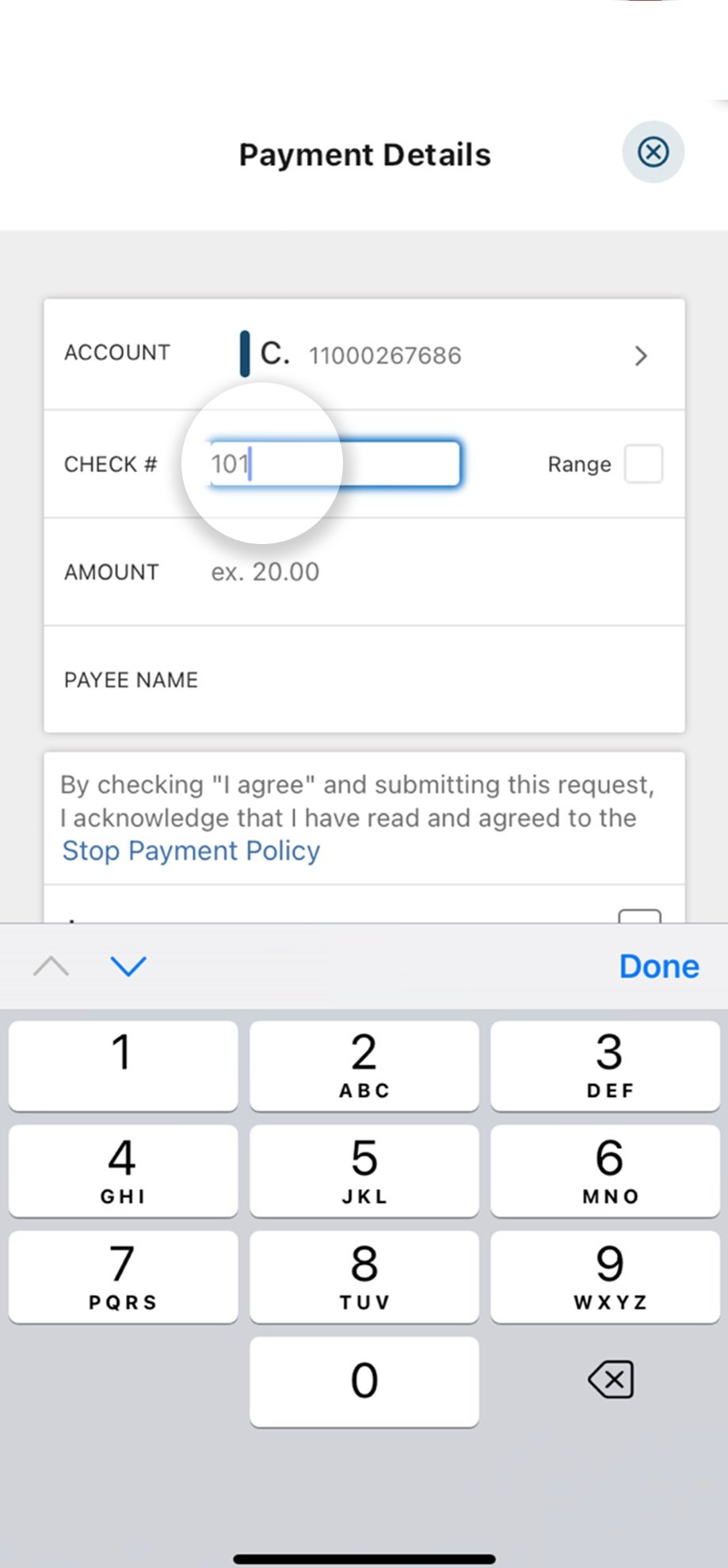 Civic app screen that highlights the selection of the check number field. 