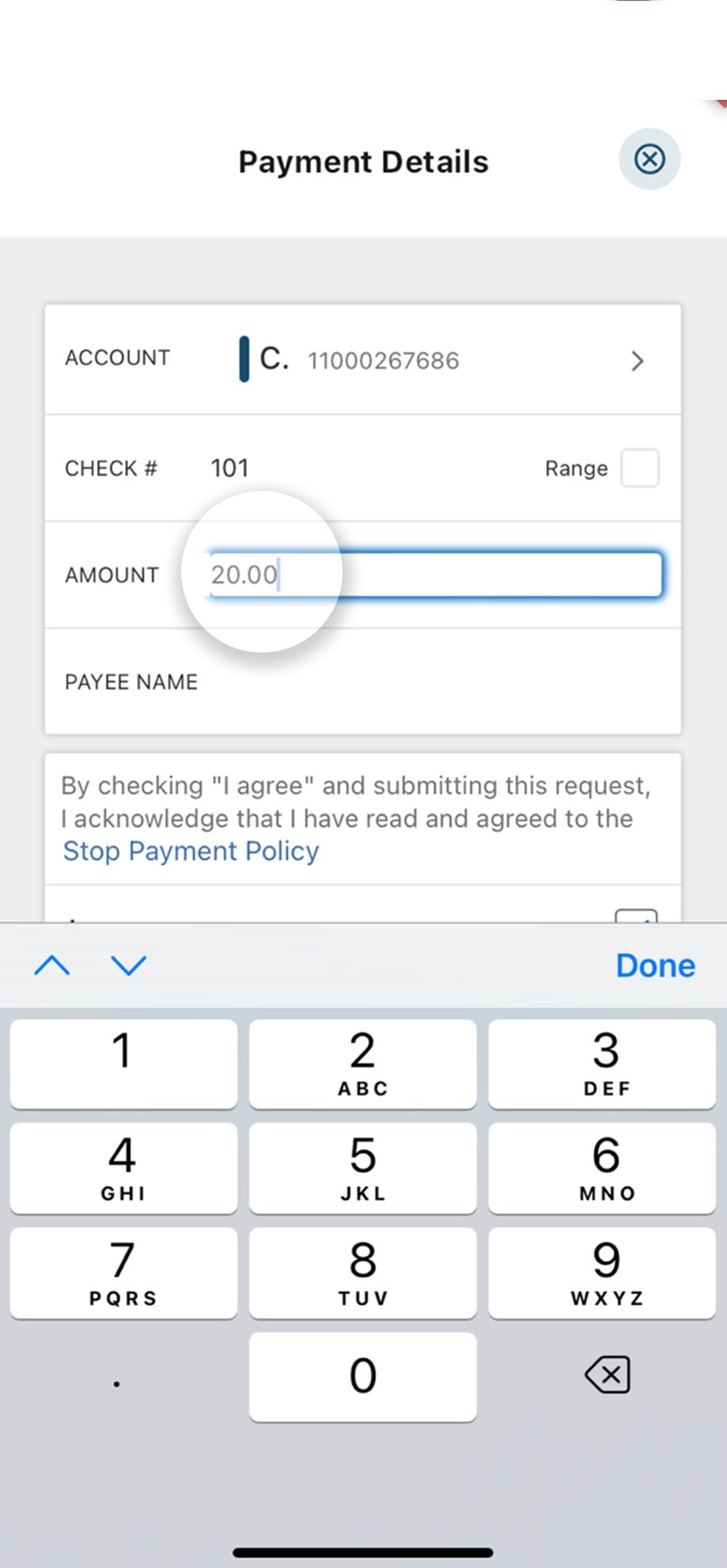 Civic app screen that highlights the input of the check amount. 