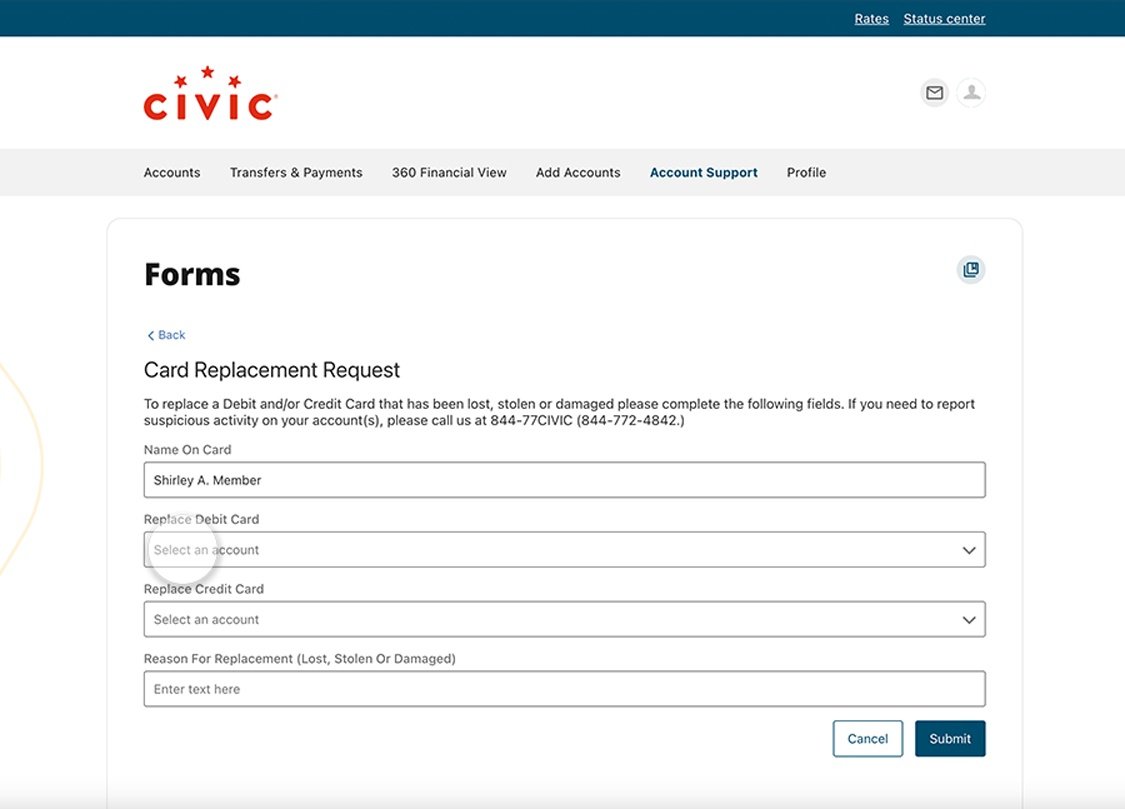 Civic app screen that highlights the selection of the account for which the card is being replaced.