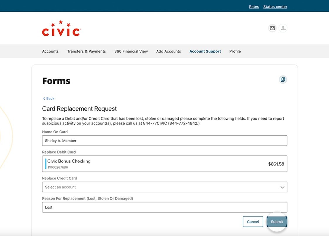 Civic online banking screen highlighting the submit button after inputing required fields.