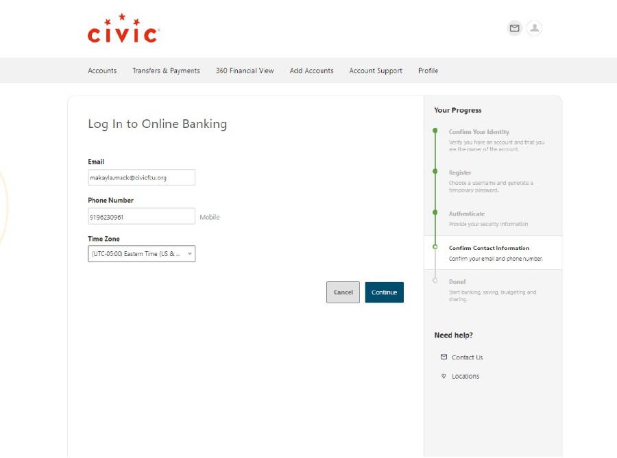 Civic online banking screen that displays contact information for confirmation.