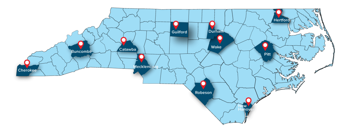 Map of North Carolina, showing the first 11 Civic Credit Union branch loactions