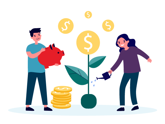 Graphic of a money plant being watered, with coins growing on the plant's leaves, symbolizing growth and prosperity.