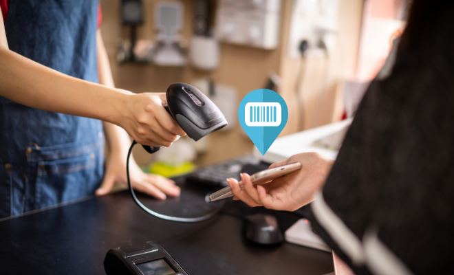 A woman has her Civic app barcode scanned at a local store to deposit cash into her Civic Checking account.
