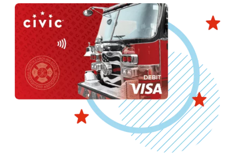 Civic Fire Debit Card on graphic background.