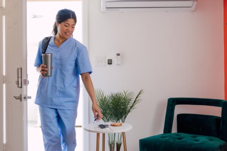 A nurse returning home from work.