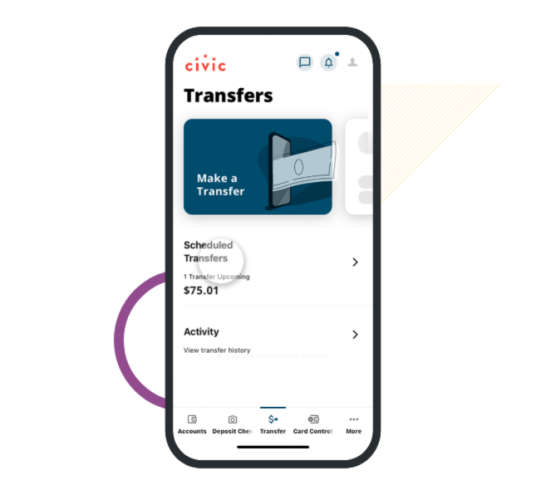 Cellphone with the Civic mobile app open on the transfer screen.