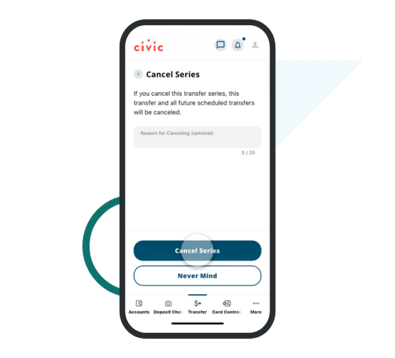 Cellphone displaying the Civic mobile app on the screen showing how to cancel a transfer.