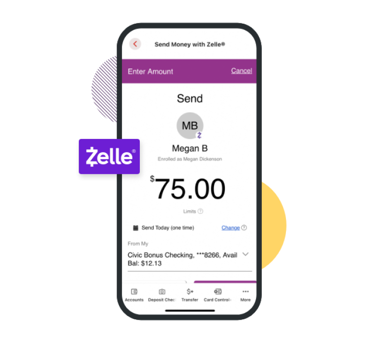 Cellphone displaying the Zelle screen on the Civic mobile app.